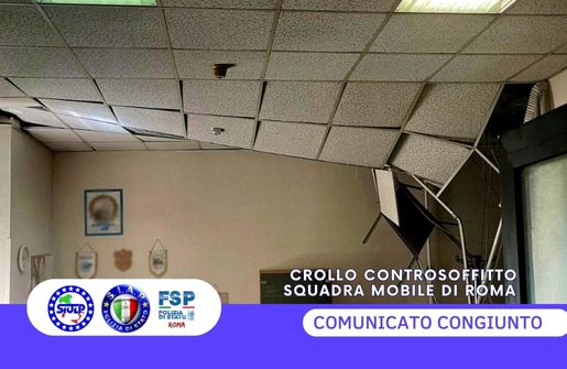 Crollo del controsoffitto negli uffici della Squadra Mobile della Questura di Roma